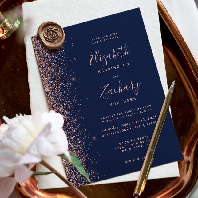 Invitación Rosa azul  moderno Purpurina de oro Boda (Subido por el creador)