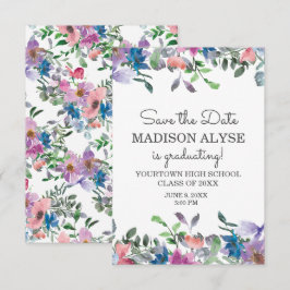 Invitación Rosa Azul Morado Floral Graduación Guardar Fecha