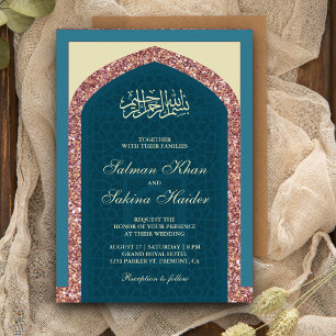 Invitación Rosa azul oceánico Purpurina de oro Mihrab Boda mu