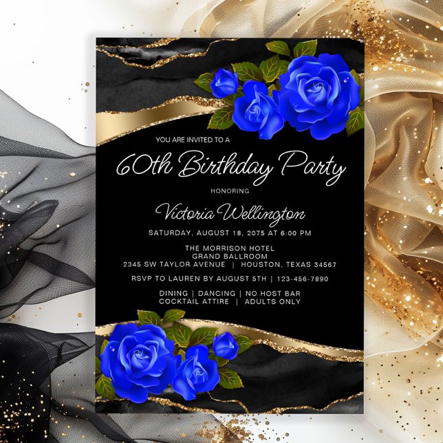 Invitación Rosa Azul Oro Negro Cualquier número Cumpleaños (Elegant blue roses on a beautiful black and gold background any number birthday or event invitation.)