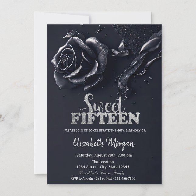Invitación Rosa Azul Oscuro Gótico Cumpleaños 15 (Anverso)