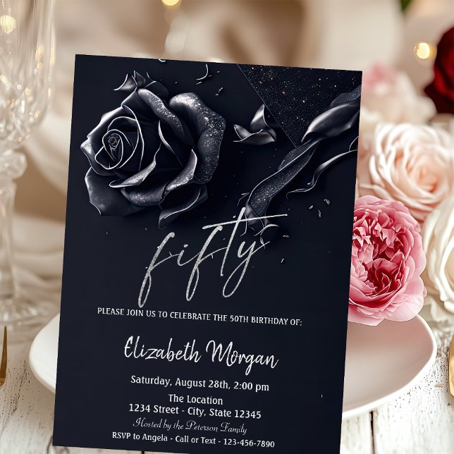 Invitación Rosa Azul Oscuro Gótico Cumpleaños 50 (Subido por el creador)