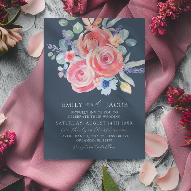 Invitación Rosa azul oscuro moderno Boda acuarela floral (Subido por el creador)