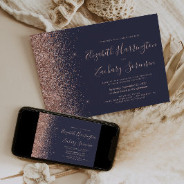 Invitación Rosa azul oscuro moderno Purpurina de oro Boda