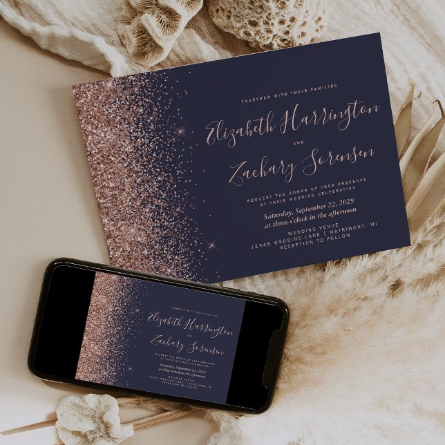 Invitación Rosa azul oscuro moderno Purpurina de oro Boda (Subido por el creador)