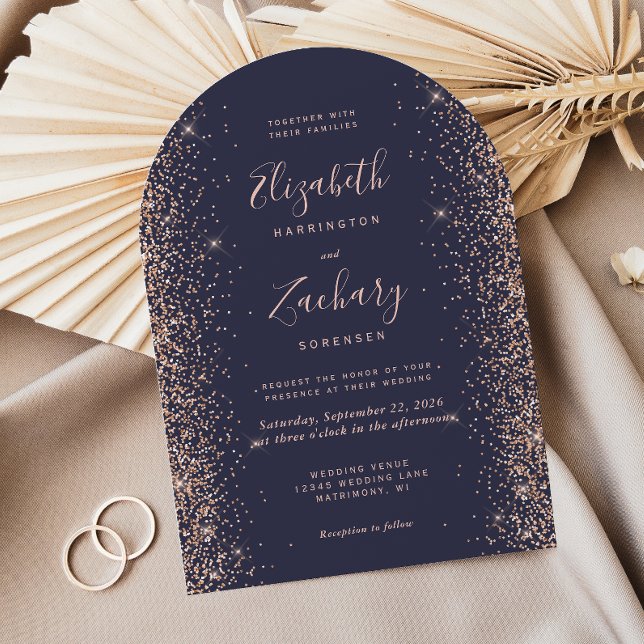 Invitación Rosa azul oscuro moderno Purpurina de oro Boda de  (Subido por el creador)