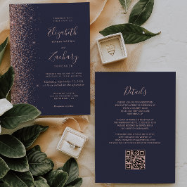 Invitación Rosa azul oscuro moderno Purpurina de oro Boda de