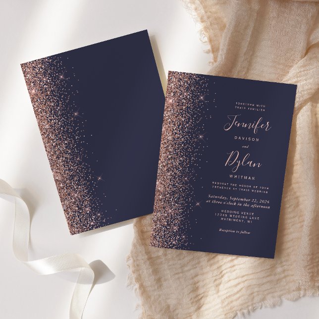Invitación Rosa azul oscuro moderno Purpurina dorado Boda en (Subido por el creador)