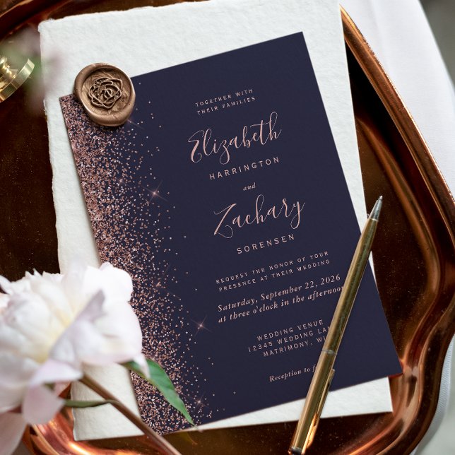 Invitación Rosa azul oscuro moderno Purpurina  dorado Boda pe (Subido por el creador)