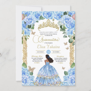 Invitación Rosa azul pastel y mariposa de oro Quinceañera