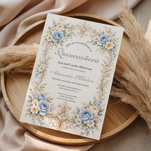 Invitación Rosa Azul Polvoriento Barroco Quinceañera
