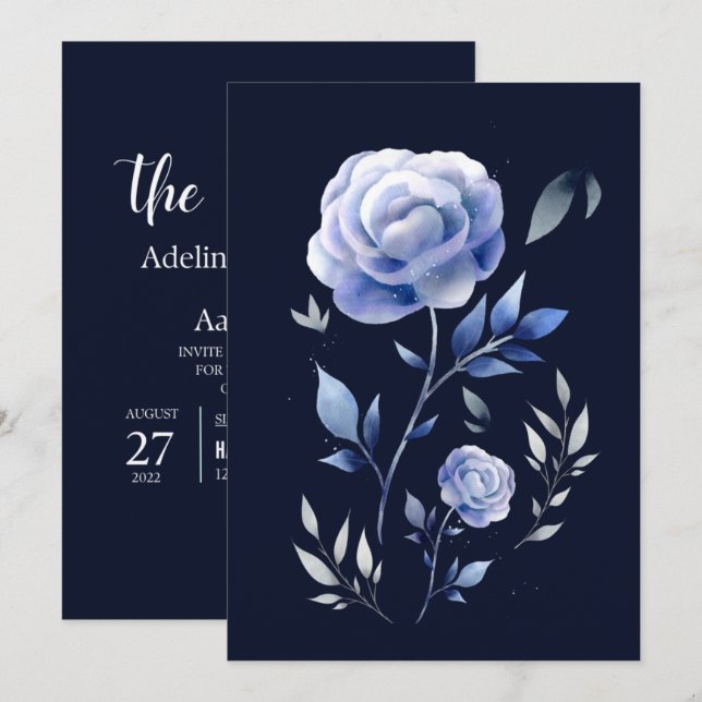 Invitación rosa azul polvoriento floral boda floral (Anverso / Reverso)