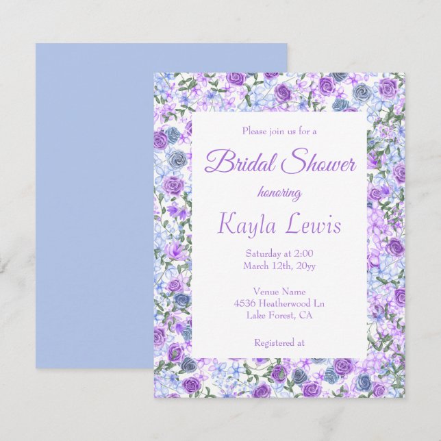 Invitación Rosa azul púrpura y claro en la ducha de la novia (Anverso / Reverso)
