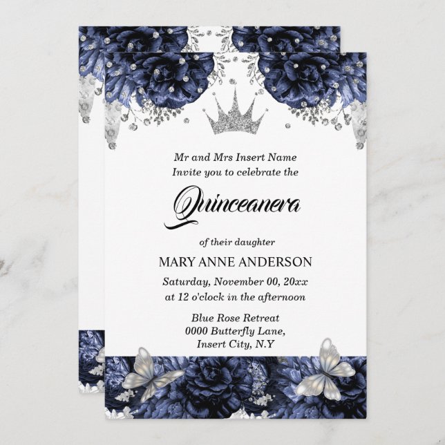 Invitación Rosa azul quinceanera tiara de plata azul (Anverso / Reverso)