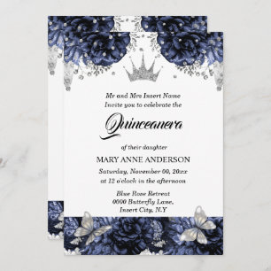 Invitación Rosa azul quinceanera tiara de plata azul
