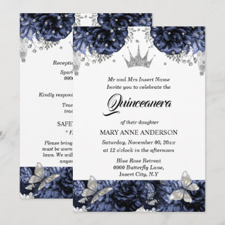 Invitación Rosa azul quinceanera tiara de plata azul