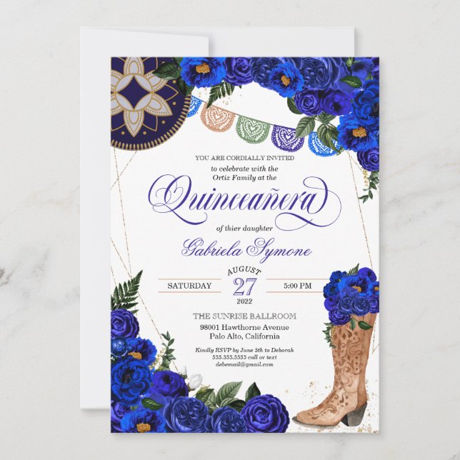 Invitación Rosa azul real Charra Cowgirl Western Quinceañera (Anverso)