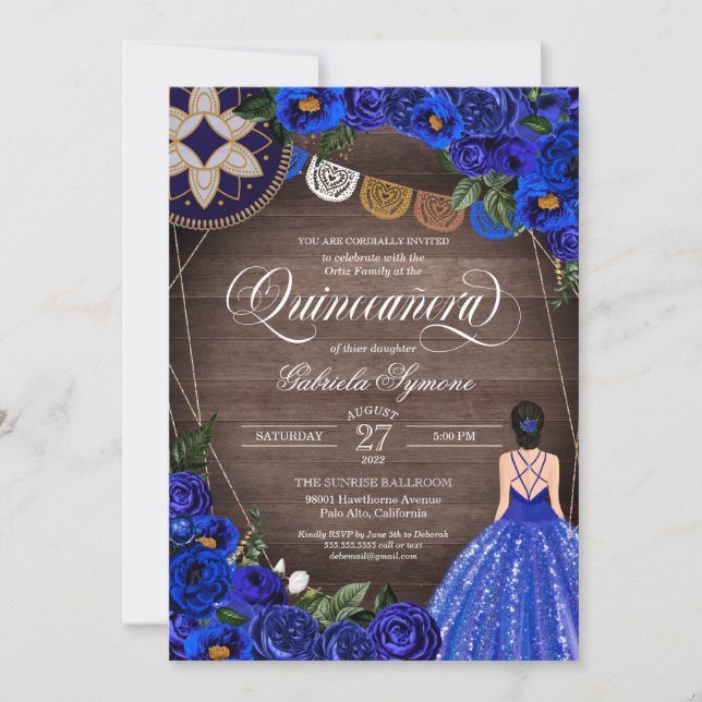 Invitación Rosa azul real Charro Country Gown Quinceanera (Anverso)