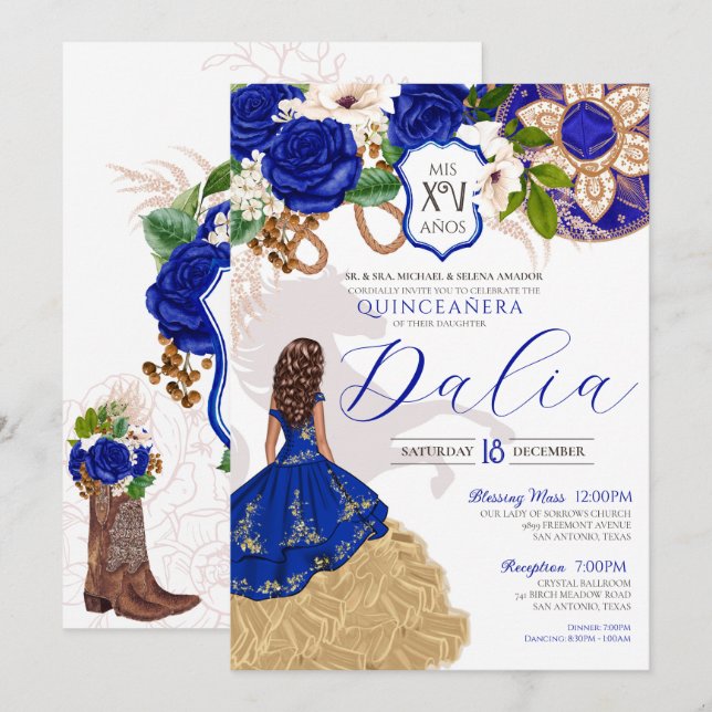Invitación Rosa Azul Real Charro Occidental Quinceañera (Anverso / Reverso)