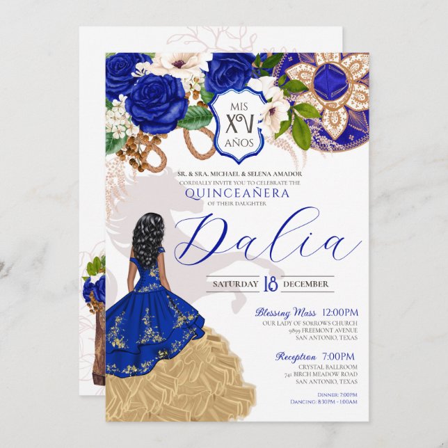 Invitación Rosa azul real Escudo Charro Occidental Quinceaner (Anverso / Reverso)