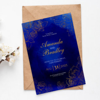 Invitación Rosa azul real Fancy Gold Lace QR Boda de código