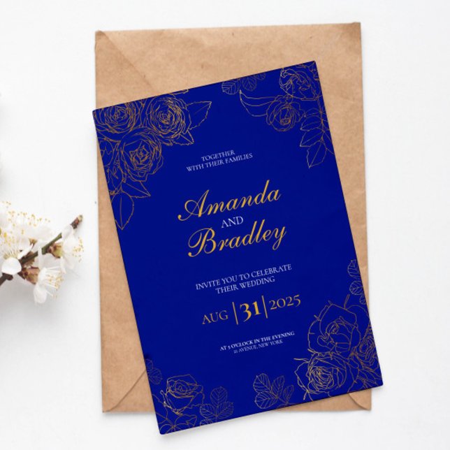 Invitación Rosa azul real Fancy Gold Lace QR Boda de código (Subido por el creador)