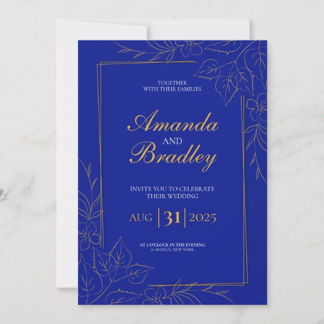Invitación Rosa azul real Fancy Gold Lace QR Boda de código (Anverso)