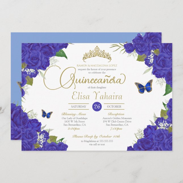 Invitación Rosa azul real Floral Tiara Mariposa Quinceanera (Anverso / Reverso)