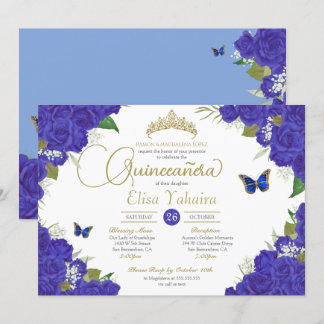 Invitación Rosa azul real Floral Tiara Mariposa Quinceanera