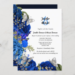 Invitación Rosa azul real moda de follaje mariposa de plata