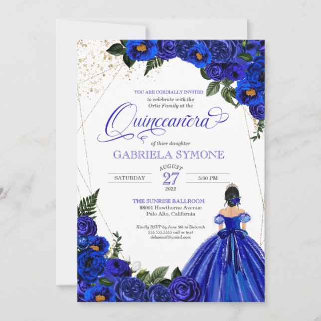 Invitación Rosa Azul Real Vestido Elegante Tiara Quinceanera (Anverso)