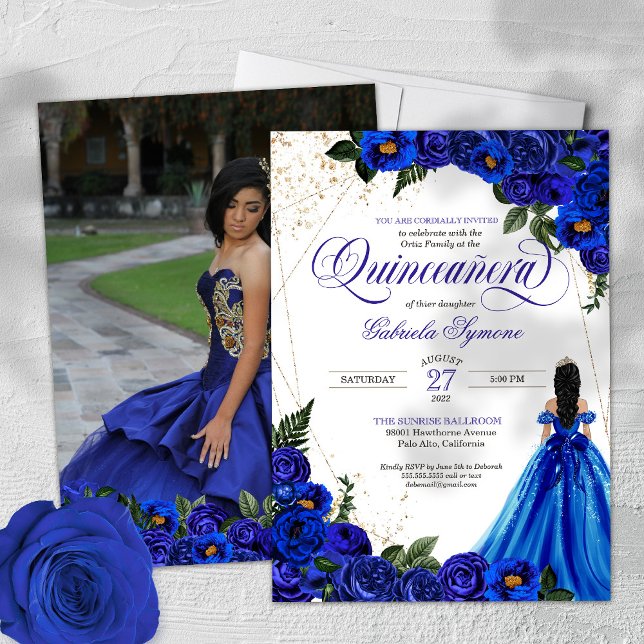 Invitación Rosa azul real y foto elegante de oro Quinceañera (Subido por el creador)