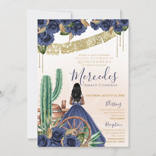 Invitación Rosa azul Rustic Charro Occidental Quinceanera (Anverso)
