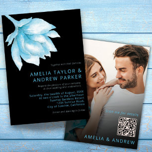 Invitación Rosa azul turbio acuarela Código QR Boda fotográfi