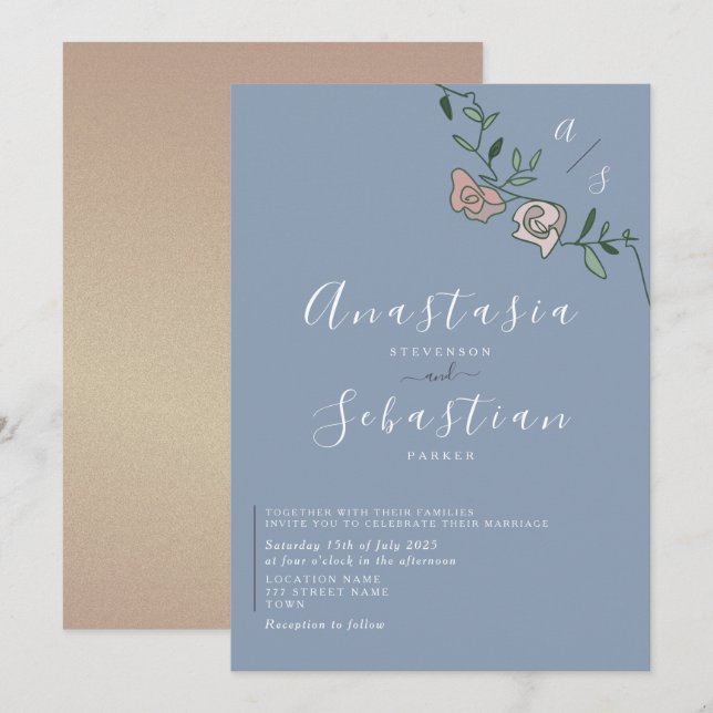 Invitación Rosa azul turbio Boda floral rosa dorado (Anverso / Reverso)