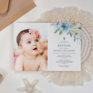 Invitación Rosa azul turbio Chica de fotografía floral bautis