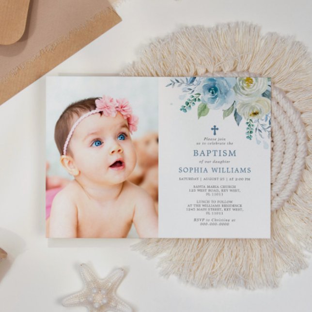 Invitación Rosa azul turbio Chica de fotografía floral bautis (Subido por el creador)