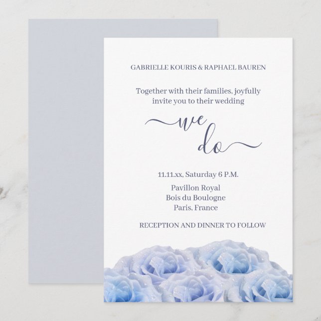 Invitación Rosa azul turbio floral blanca elegante lo hacemos (Anverso / Reverso)
