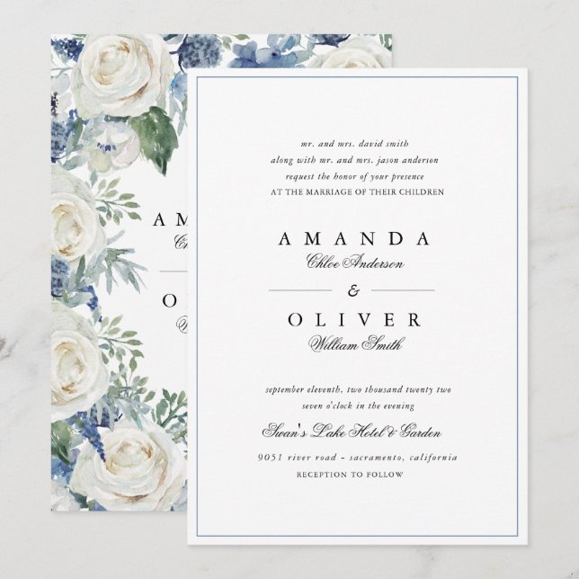 Invitación Rosa azul turbio floral elegante Boda clásico  (Anverso / Reverso)