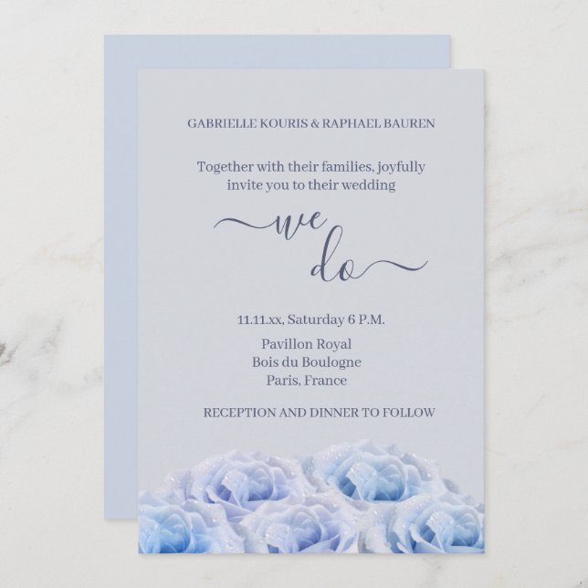 Invitación Rosa azul turbio floral gris elegante hacemos Boda (Anverso / Reverso)
