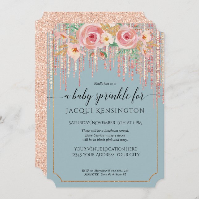 Invitación Rosa azul turbio Purpurina oro Floral rosa (Anverso / Reverso)