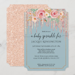 Invitación Rosa azul turbio Purpurina oro Floral rosa