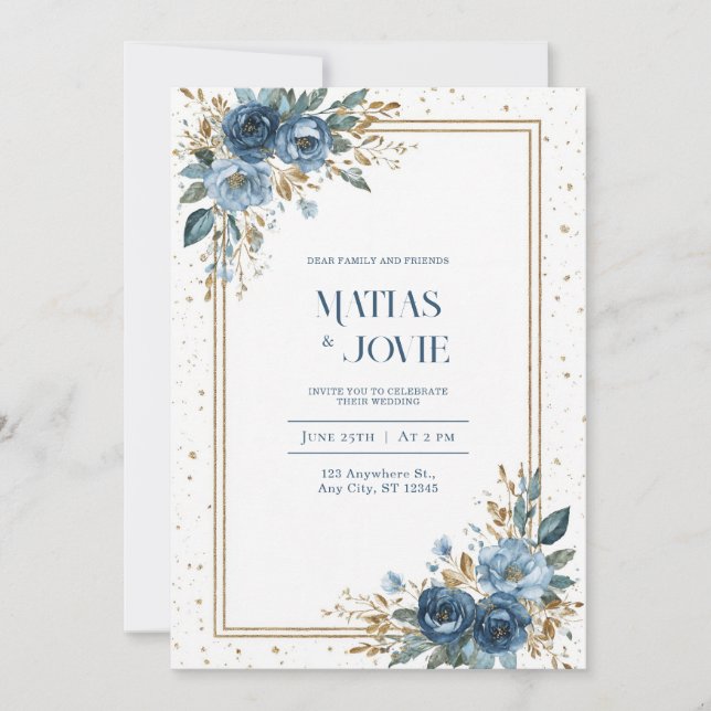 Invitación Rosa azul turbio y Boda botánico de oro (Anverso)