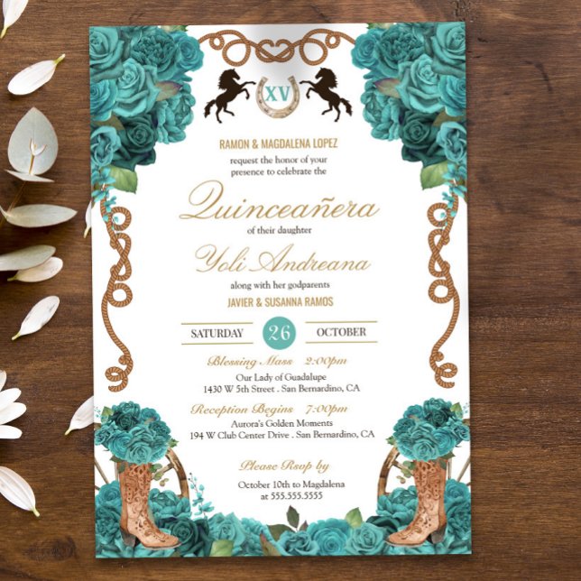 Invitación Rosa azul turquesa Charro Occidental Quinceanera (Subido por el creador)