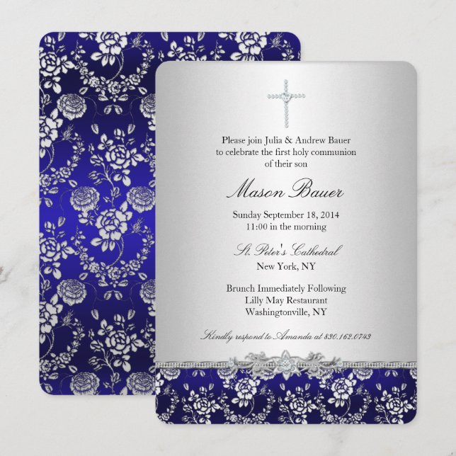 Invitación Rosa azul y bautismo cruzado/invitación a la crist (Anverso / Reverso)