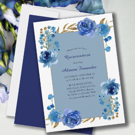 Invitación Rosa azul y hoja de oro elegancia floral Quinceane