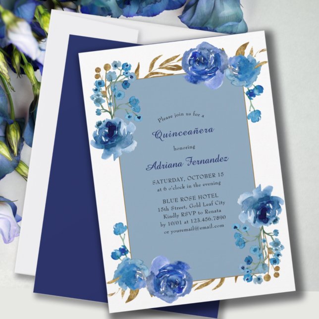 Invitación Rosa azul y hoja de oro elegancia floral Quinceane (Subido por el creador)