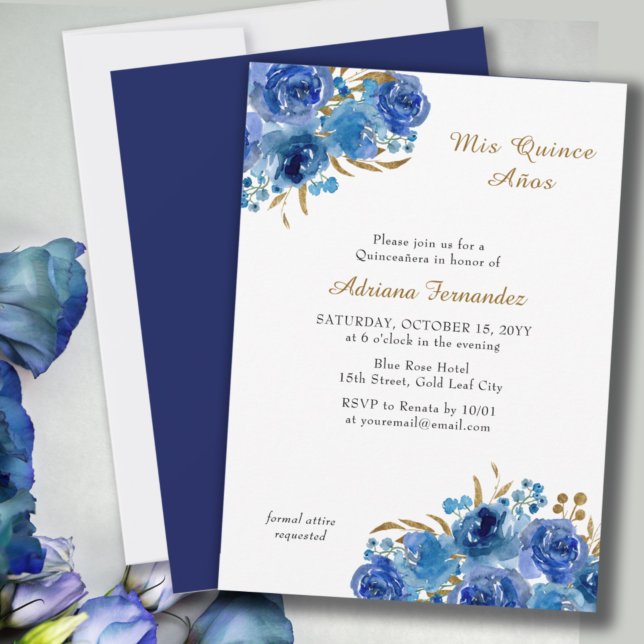 Invitación Rosa azul y hoja de oro Quince Anos Quinceanera (Subido por el creador)