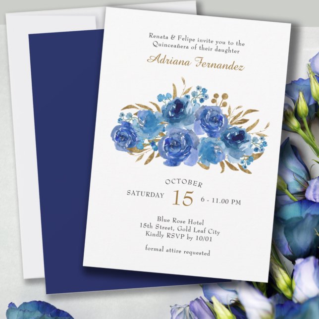 Invitación Rosa azul y hoja de oro Quinceanera (Subido por el creador)
