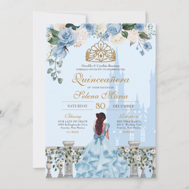 Invitación Rosa azul y princesa de oro Quinceañera (Anverso)